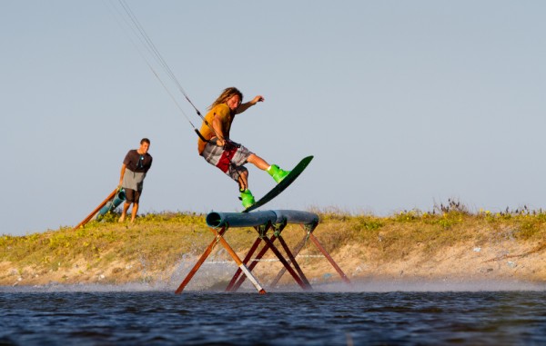 Making the rail portable meant keeping the legs relatively short. Short legs require shallow water and crashing on this setup meant you had to be ready to tuck and roll. Photo: Vincent Bergeron