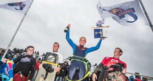 Winners pose for a podium portrait at the Red Bull Megaloop Challenge #1 Lasse Walker #2 Willem van de Meij #3 Kevin de Smidt. Photo: @ydwer.com
