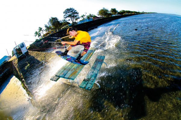Always down to try one of Toby’s crazy ideas, Cam Prest jibs a picnic table over inch deep water for a cover of Core.