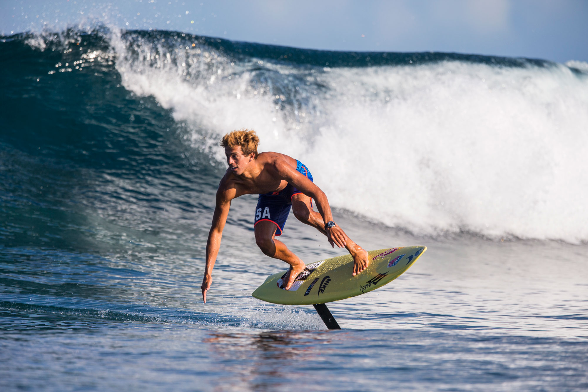 Kai demonstrating the little-known truth that foilboards have an underwater rail that drives harder than any conventional thruster. // Photo Tom Servais